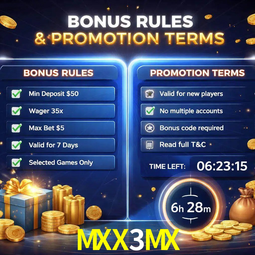 Reglas de promoción MXX3MX y condiciones de bonos explicadas visualmente