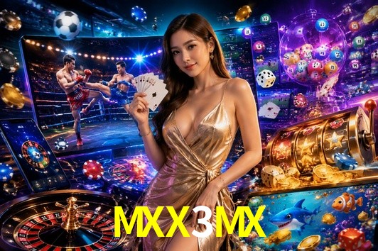 Una escena digital vívida inspirada en casino con MXX3MX mostrado prominentemente, luces brillantes, fichas, cartas y acentos dorados.