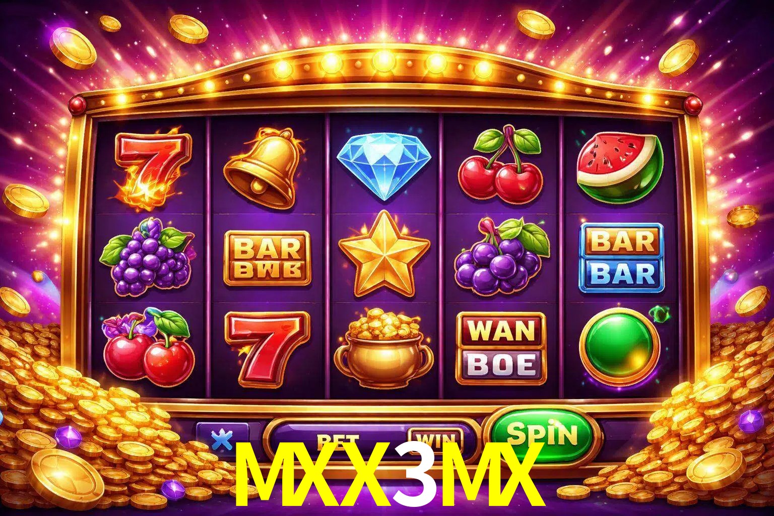 Una interfaz colorida de tragamonedas en línea con símbolos brillantes, monedas y un efecto de victoria celebratoria en MXX3MX.